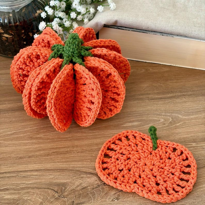 Pumpkin Coaster Set Crochet Pattern - 8 Coasters Become One 3D Pumpkin | PDF