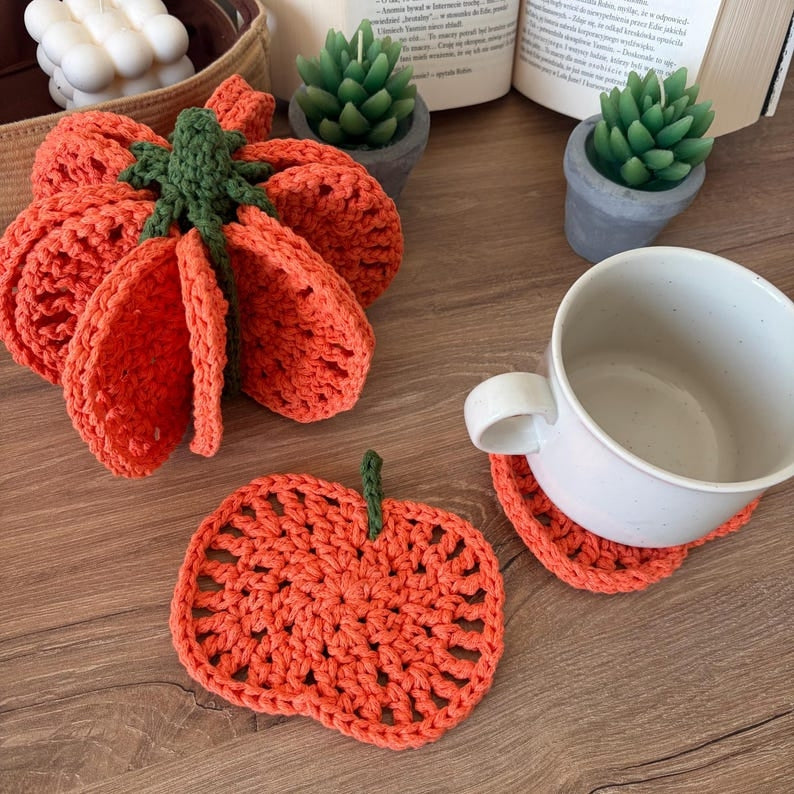 Pumpkin Coaster Set Crochet Pattern - 8 Coasters Become One 3D Pumpkin | PDF