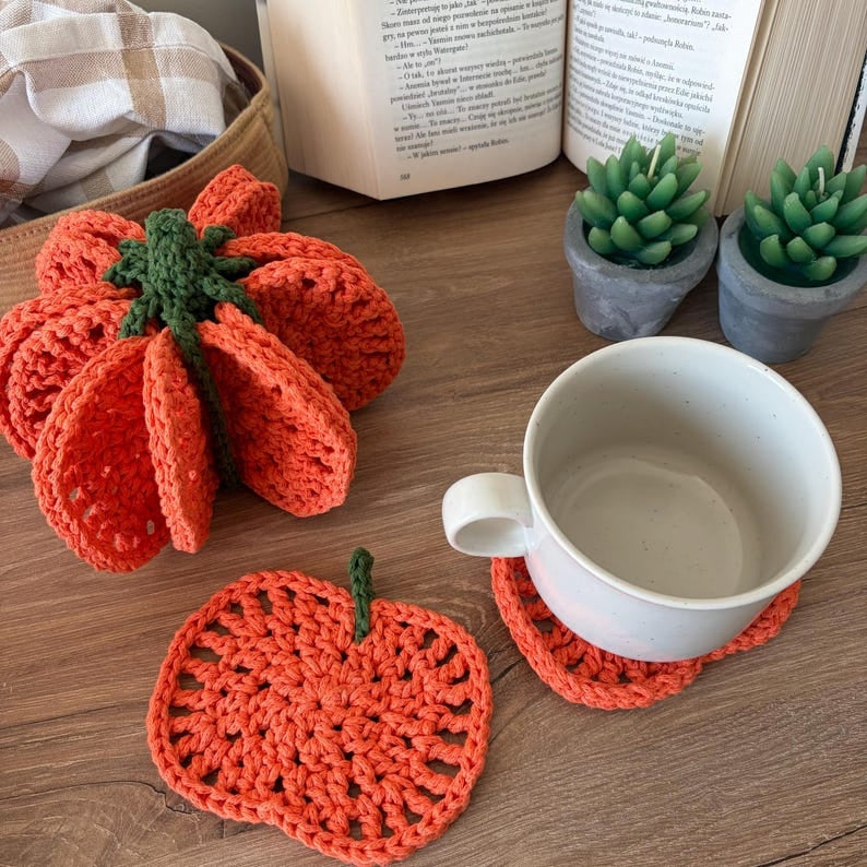 Pumpkin Coaster Set Crochet Pattern - 8 Coasters Become One 3D Pumpkin | PDF